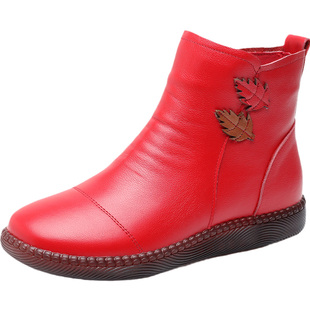 真皮短靴软底妈妈棉靴加绒马丁靴秋冬大码短筒女靴踝靴子红色皮靴