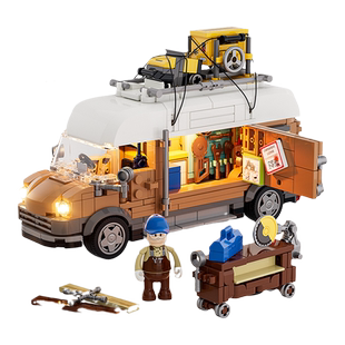 FUNWHOLE街景积木农场系列木工车拼装玩具车摆件模型木屋维修工