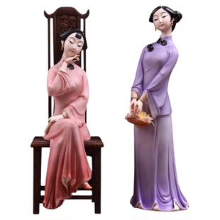 东方泥土 中国风美女摆件 陶瓷雕塑艺术品客厅酒柜装饰品 俏江南