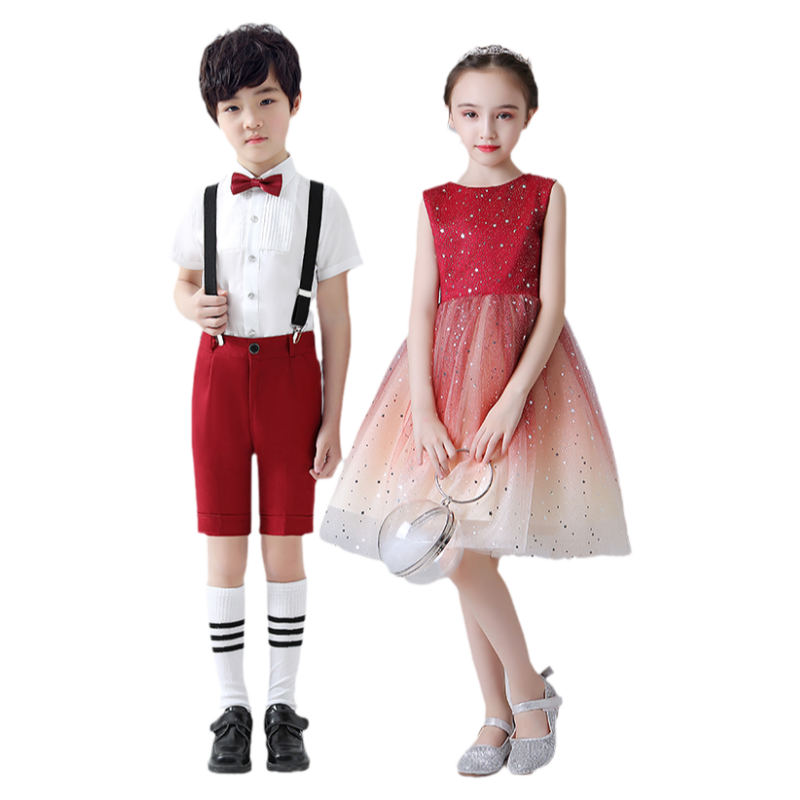 元旦儿童合唱演出服女童蓬蓬裙男童背带裤礼服小学生朗诵表演服装