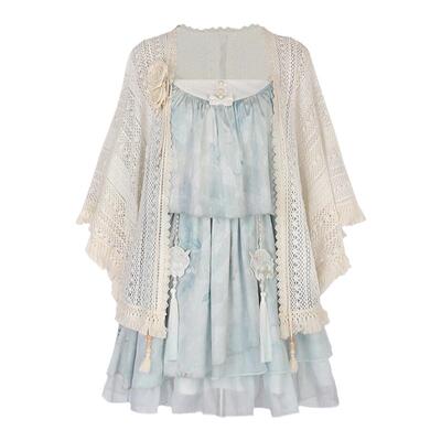 中华风薄荷海盐披肩吊带裙两件套