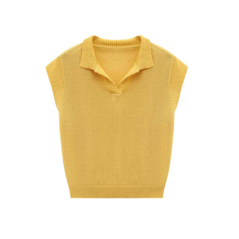 Basic House/百家好夏季薄款针织背心女Polo无袖上衣宽松黄色马甲