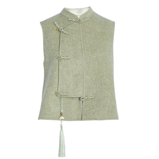 qs秸熙秋冬新款复古轻国风双面呢马甲女保暖小立领无袖显瘦外套