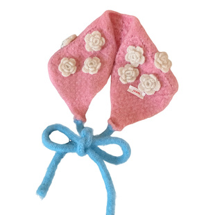 甜美粉色花朵毛线针织系带耳罩女冬季保暖毛绒防风防寒护耳耳暖