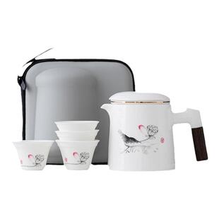 羊脂玉白瓷旅行茶具套装便携式户外泡茶壶茶杯露营快客杯一壶四杯