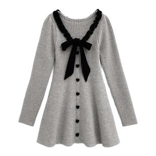 日本直邮日潮 GRL 心形纽扣蝴蝶结针织喇叭裙连衣裙 lt45