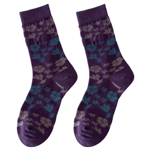 紫色系双针袜子女中筒袜ins潮秋冬日系复古千鸟格森系堆堆长筒袜