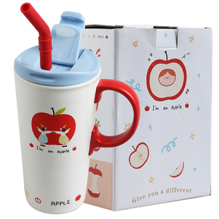 舍里可爱大容量陶瓷马克杯高颜值吸管杯带盖办公室水杯伴手礼礼物