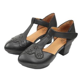 相伴真皮凉鞋女2025新款丁字鞋子夏季粗跟中老年妈妈手工休闲女鞋