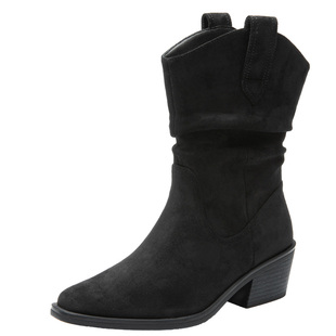 大东女靴短靴2025冬季新款美拉德方头中筒靴子绒面复古粗跟瘦瘦靴