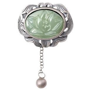 玉番莲碧玉莲花胸泰银吊坠女流苏复古田园风和田玉别针旗袍胸饰