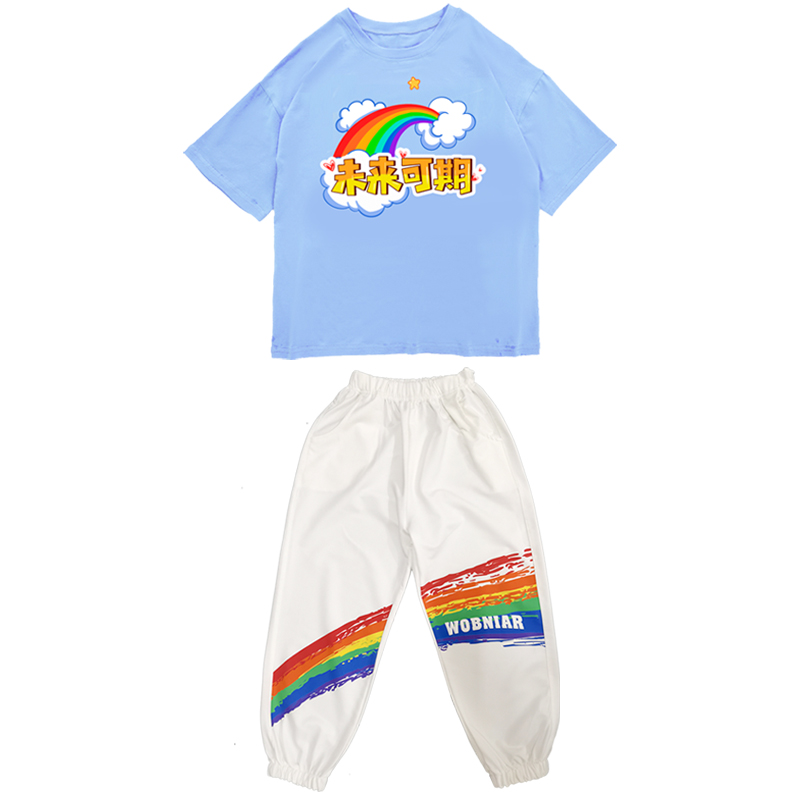 六一兒童啦啦隊演出服幼兒園班服彩虹套裝小學(xué)生運動會開幕式服裝