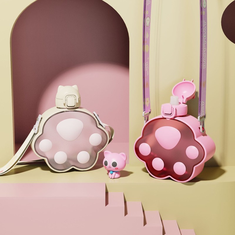 创意动物卡通杯猫咪猫爪400ml儿童超市学生背带亚马逊礼品塑料杯