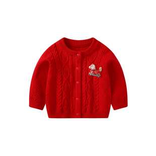 婴儿毛衣秋冬宝宝红色上衣男童加绒加厚冬装针织外套新年拜年衣服