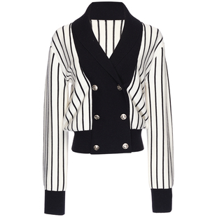 OBEG欧碧倩冬季撞色V领条纹羊毛针织衫女时尚修身10444140