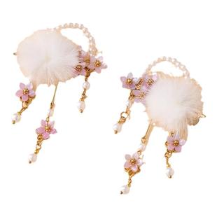 汉服女童冬款儿童古风兔子毛球发饰宝宝国风仙气步摇流苏对夹头饰