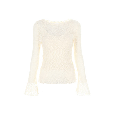 wanatry蕾丝一字领喇叭袖打底衫