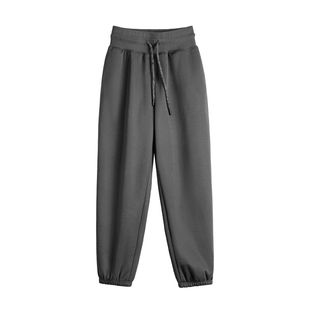 马登深灰色针织加绒厚保暖卫裤抽绳收口束脚休闲直筒长裤子女士冬