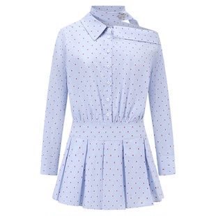 HTCU 卡蒂 蓝色波点斜肩露肩衬衫连衣裙女夏季收腰设计感衬衫裙