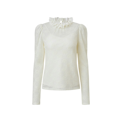 MAXRIENY静奢羊毛混纺衬衫亲肤软糯25冬款蕾丝钉珠花边长袖上衣女