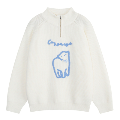 YUZI鱼子卡通刺绣半高领拉链毛衣