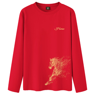TEEK踏马流星红色长袖T恤男 2026秋冬季马年本命年纯棉新年上衣服