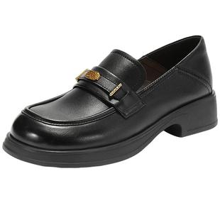 森达超软小羊皮乐福鞋厚底女鞋新款英伦风通勤皮鞋一脚蹬黑色单鞋