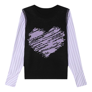 白鹿语针织背心假两件上衣春秋款时尚爱心提花钉珠针织衫女