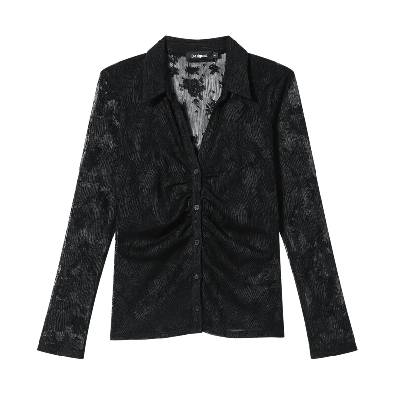 Desigual 弹力网眼提花修身翻领女士衬衫长袖黑色薄