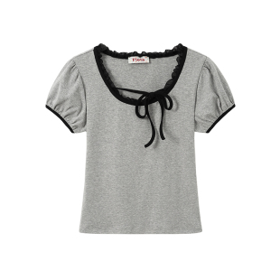 奶油的宇宙 绑带蝴蝶结蕾丝花边正肩短袖T恤女小个子泡泡袖上衣夏