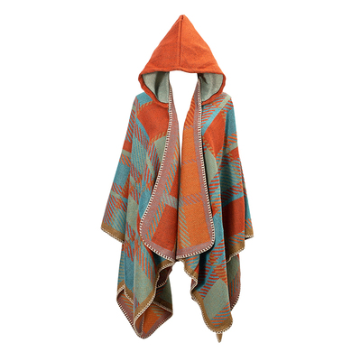 旅游度假格子连帽斗篷披肩