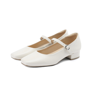 达芙妮羊皮单鞋女2026新款法式浅口中跟皮鞋白色方头玛丽珍女鞋夏