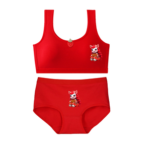 马年新款12岁13本命年内衣内裤套装中大女童纯棉发育期大红色背心