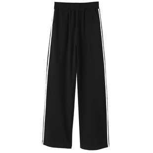 运动裤女春秋纯棉针织高腰宽松条纹拼接休闲冬加绒窄版阔腿直筒裤