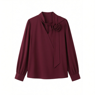 【新品9折】2026春韩版立体花丝带领长袖雪纺衫V领灯笼袖衬衫上衣