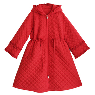【小红帽】复古纯色连帽中长款棉服女2025年冬季红色减龄保暖棉衣