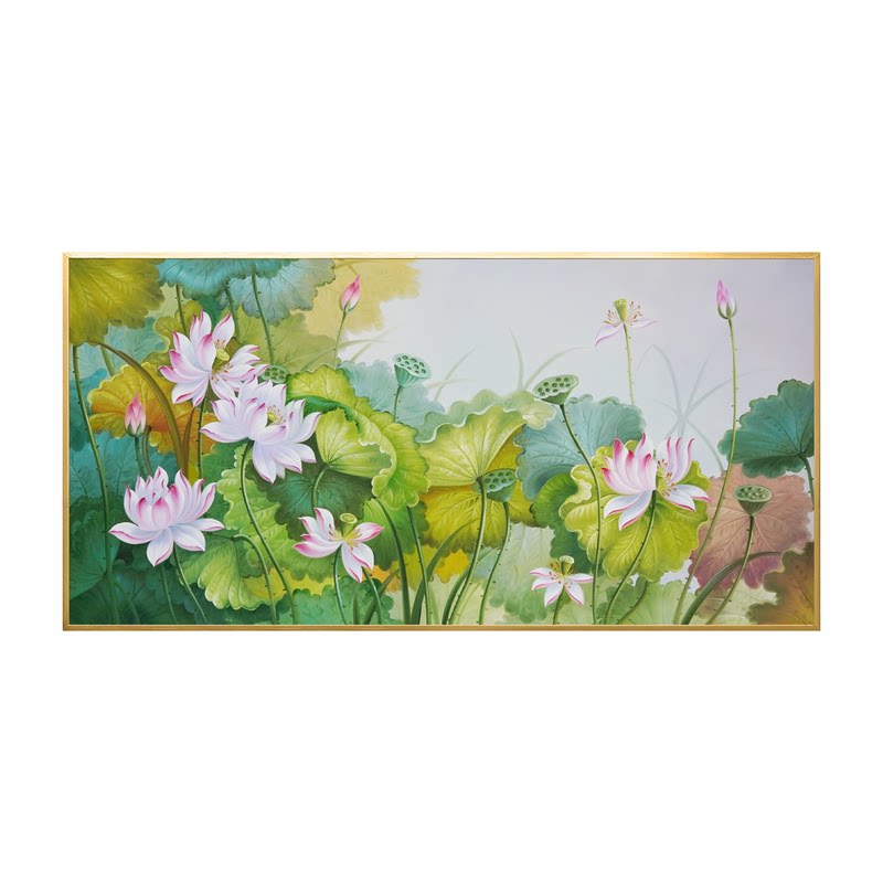 荷花油画现代轻奢莲花手绘简约美式新中式客厅餐厅卧室装饰画挂画