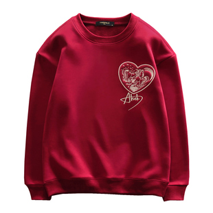 潮牌爱心刺绣马圆领卫衣情侣款属马本命年加绒酒红色高级感上衣男