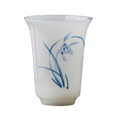 35/40ml手绘青花兰花主人杯白瓷大号中号茶杯冰种玉瓷品茗杯