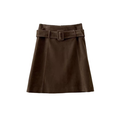 秋冬季乌木棕麂皮绒直筒中裙