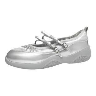 金利来女鞋春夏款百搭银色芭蕾风玛丽珍鞋厚底运动休闲浅口单鞋女