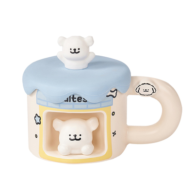 言仓线条小狗陶瓷马克杯带搅拌勺