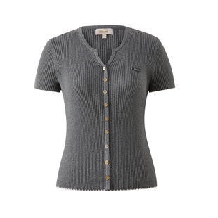 【含山羊绒】Eland衣恋毛衣女V领短袖坑条针织T恤2026春季新款