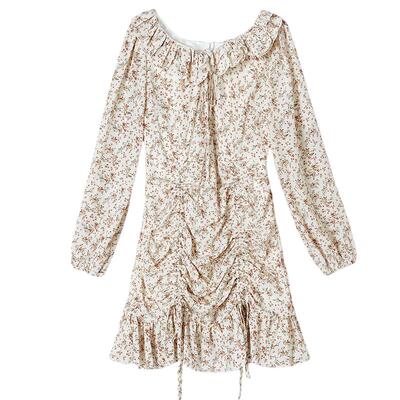 zklin法式复古抽绳碎花连衣裙