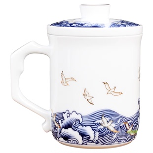 吴裕泰瓷质茶杯 海浪三件杯瓷质滤网 水杯沏茶杯多用杯子复古风