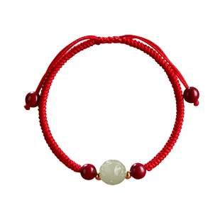 庆祥泰2026马年本命年红绳手链女手工编织生肖和田玉儿童属马手绳