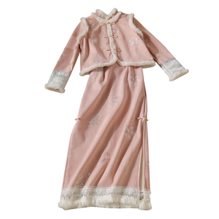 忆南栀粉色新中式旗袍改良年轻款少女高级感加绒加厚过冬马甲套装