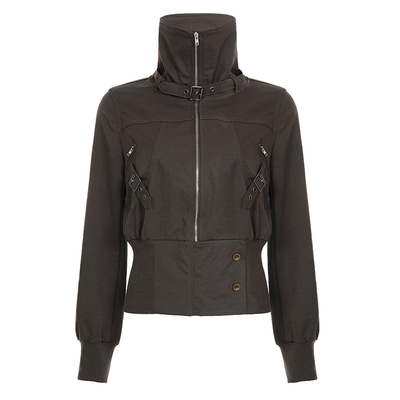 WEEKEEP 美式复古工装风纯色立领金属扣拉链夹克女百搭收腰外套潮