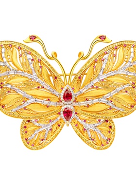 VISING黄金色巨大蝴蝶胸针吊坠两用款手工刻丝培育红宝石国检S925