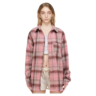 BM衬衫粉色格子长袖上衣女士衬衫女款外套宽松慵懒风衬衣BM官方